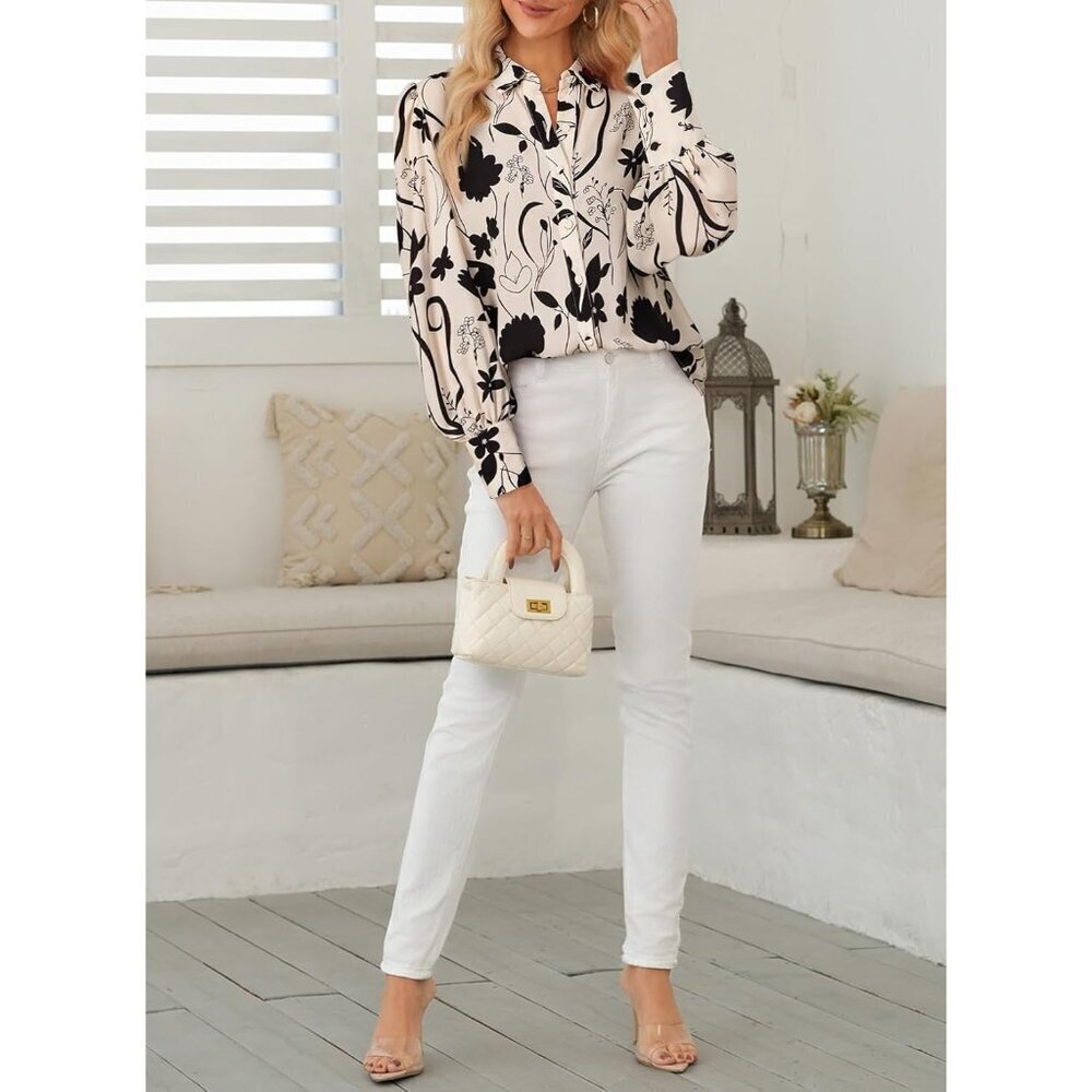 Women's Long Sleeve Button Down Blouse Polyester Floral Plus Size - Picture 5 of 6